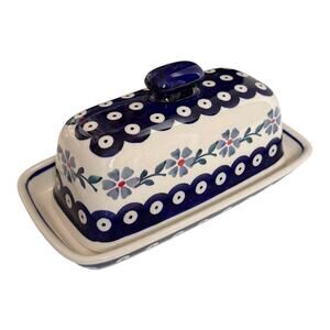 NEW Boleslawiec BUTTER DISH Poland Pottery Peacock Forget Me Not Floral 7.75”